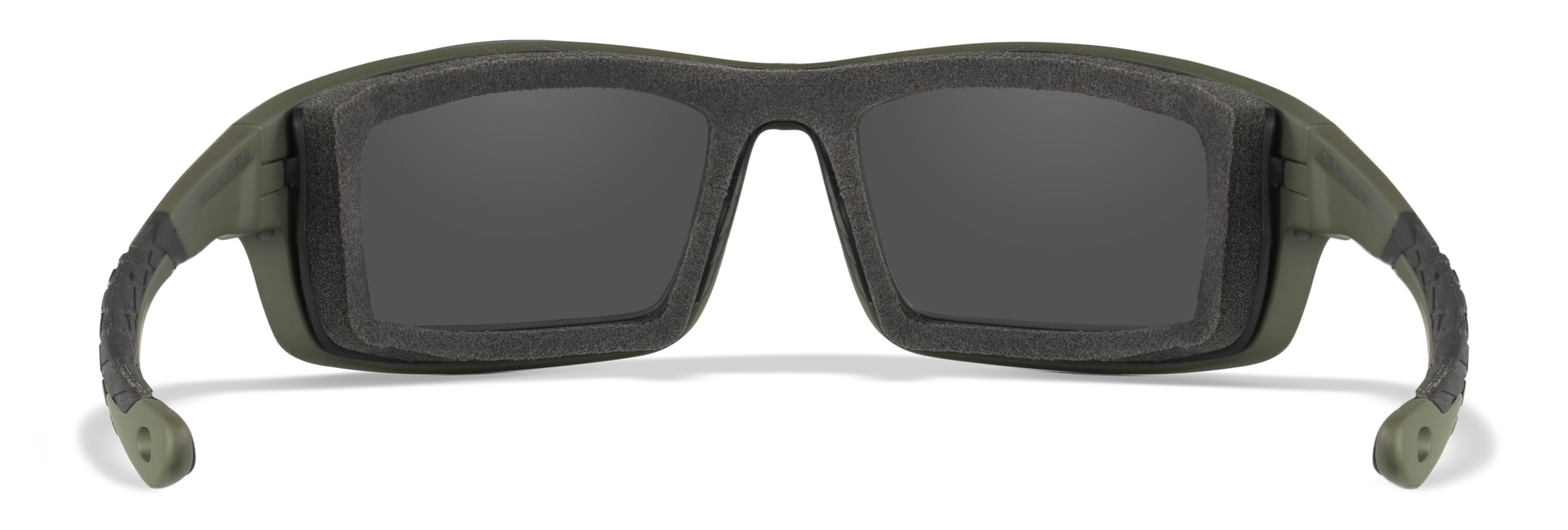 Taktische Schutzbrille mit dunklen Gläsern und grünem Gestell, gepolstert für besseren Tragekomfort.