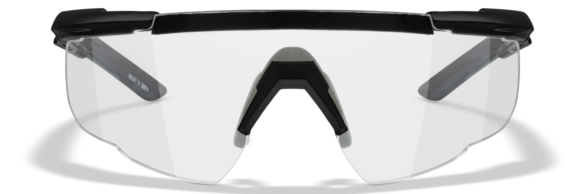 Klare Schutzbrille mit schwarzem Rahmen und grauen Bügeln, frontal abgebildet.