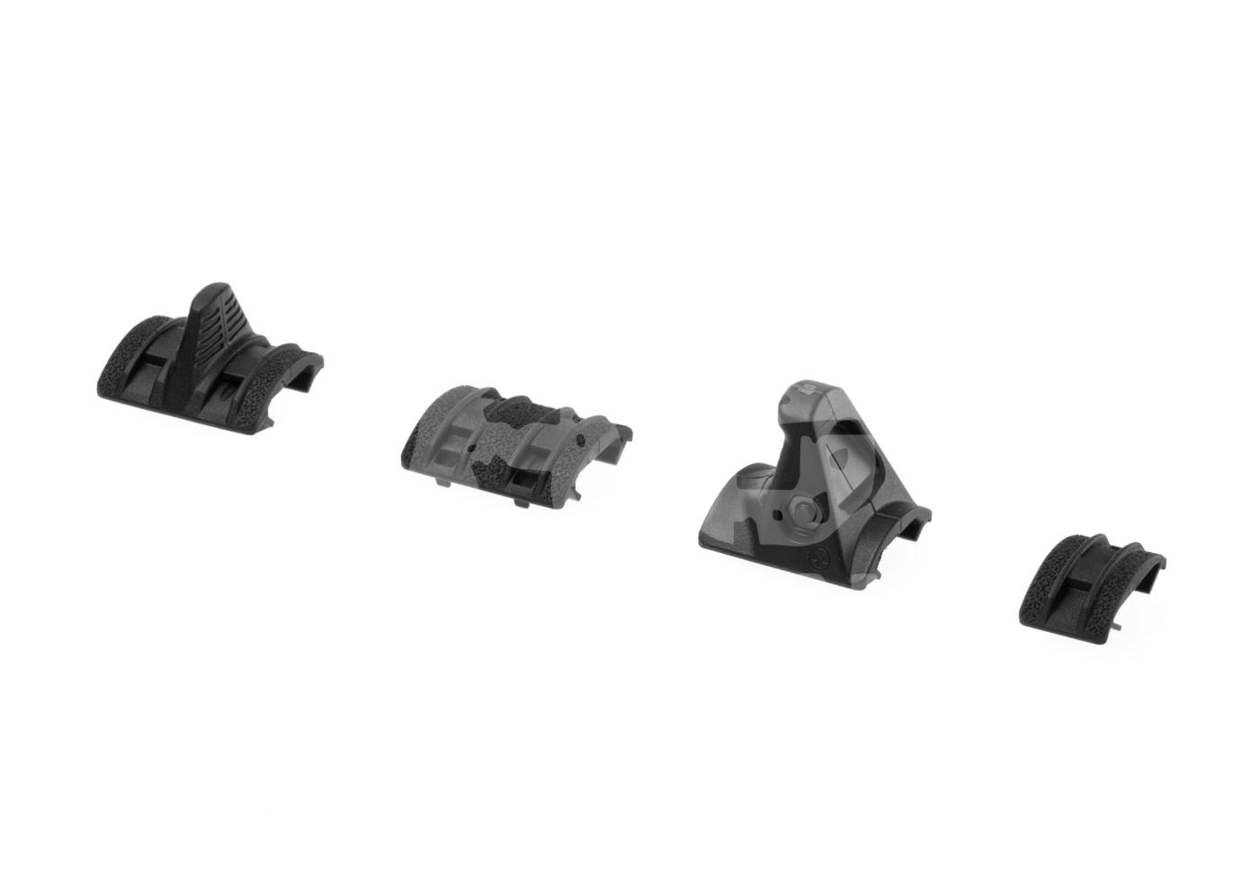 Schwarze Rail-Abdeckungen und Griffe für Airsoft-Waffen, modular und texturiert.