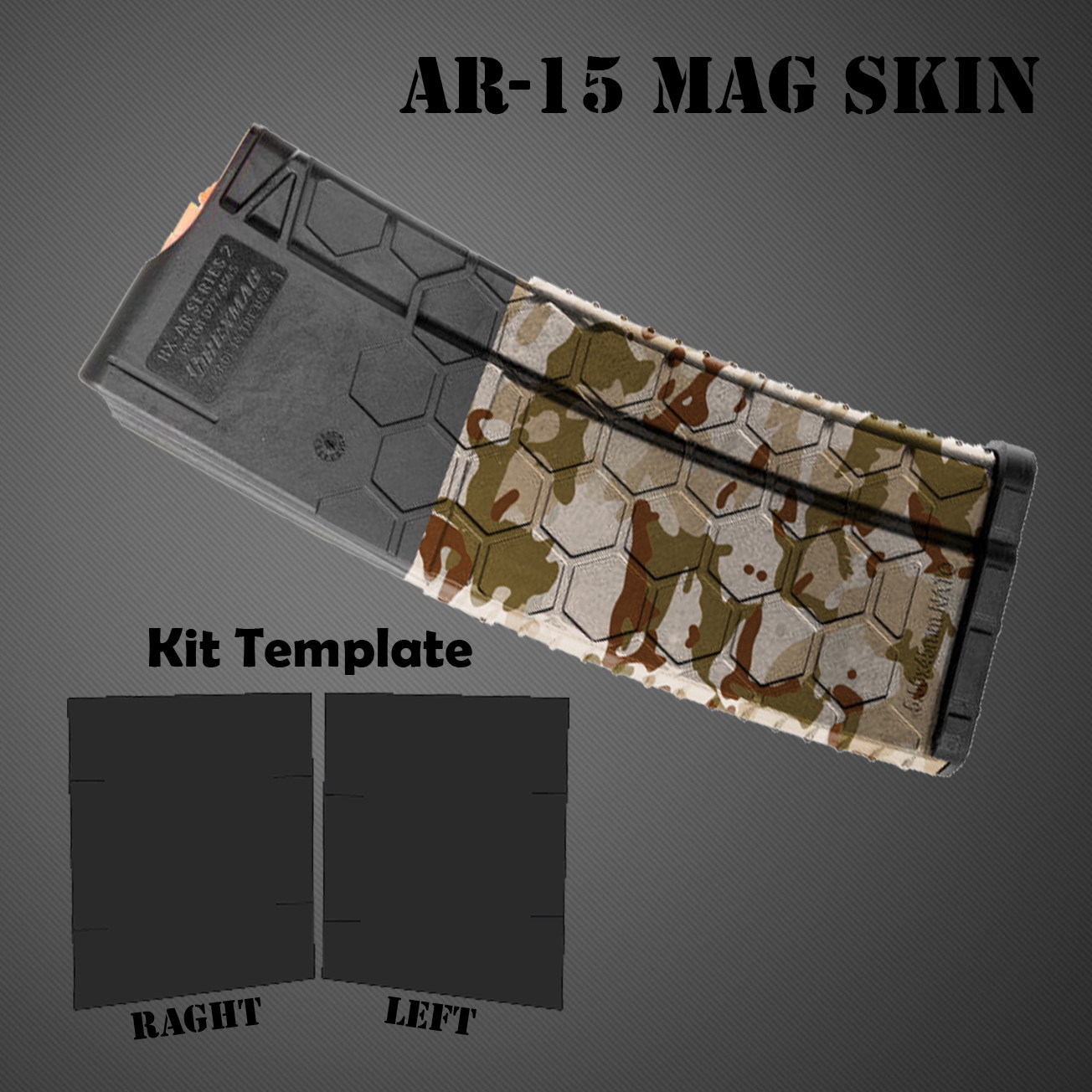 AR-15 Magazin mit Tarnmuster und Vorlage für Skins, rechte und linke Ansicht.