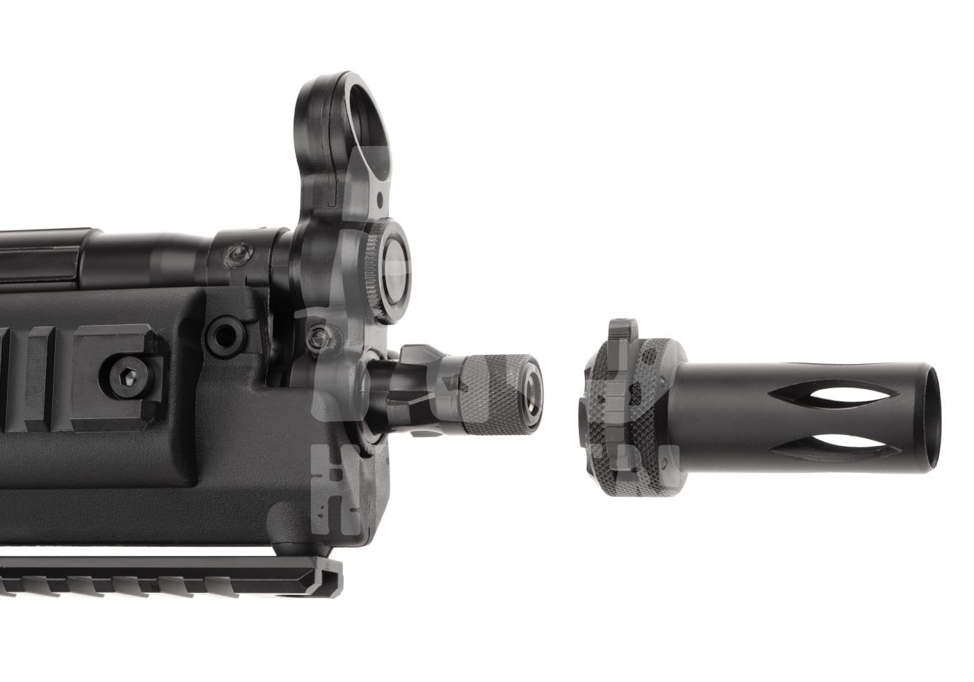 G&G TGM A3 E.T.U. S-AEG - ab 18 Jahren Airsoft-Gewehr Frontansicht mit abgenommenem Schalldämpfer, sichtbar ist der Mündungsfeuerdämpfer.