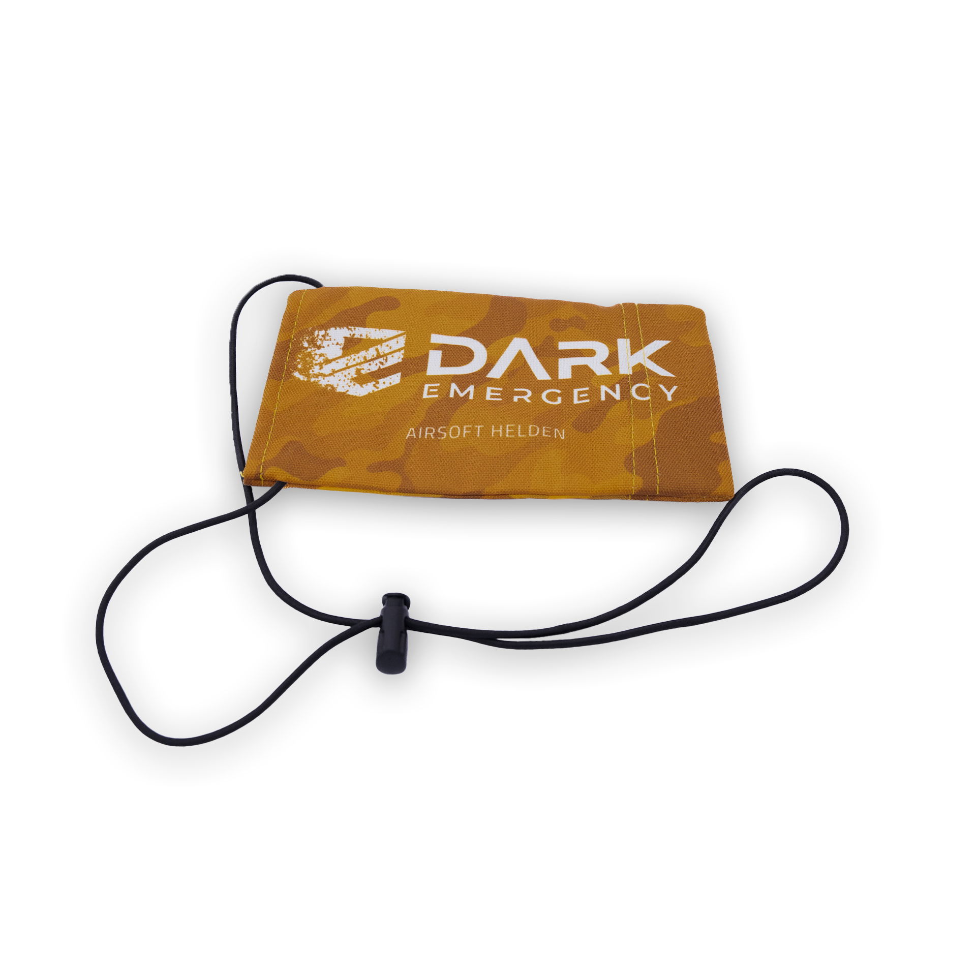 Camouflage-Gesichtsmaske mit "Dark Emergency" und "Airsoft Helden" Logo, elastisches Band anbei.