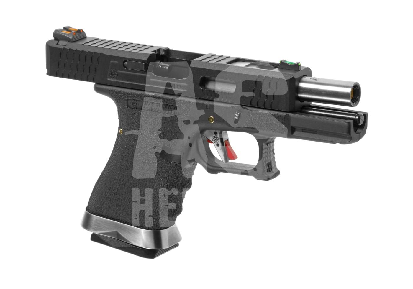 Airsoft-Pistole mit taktischen Details und ergonomischem Griff, im Profil von der Seite abgebildet.