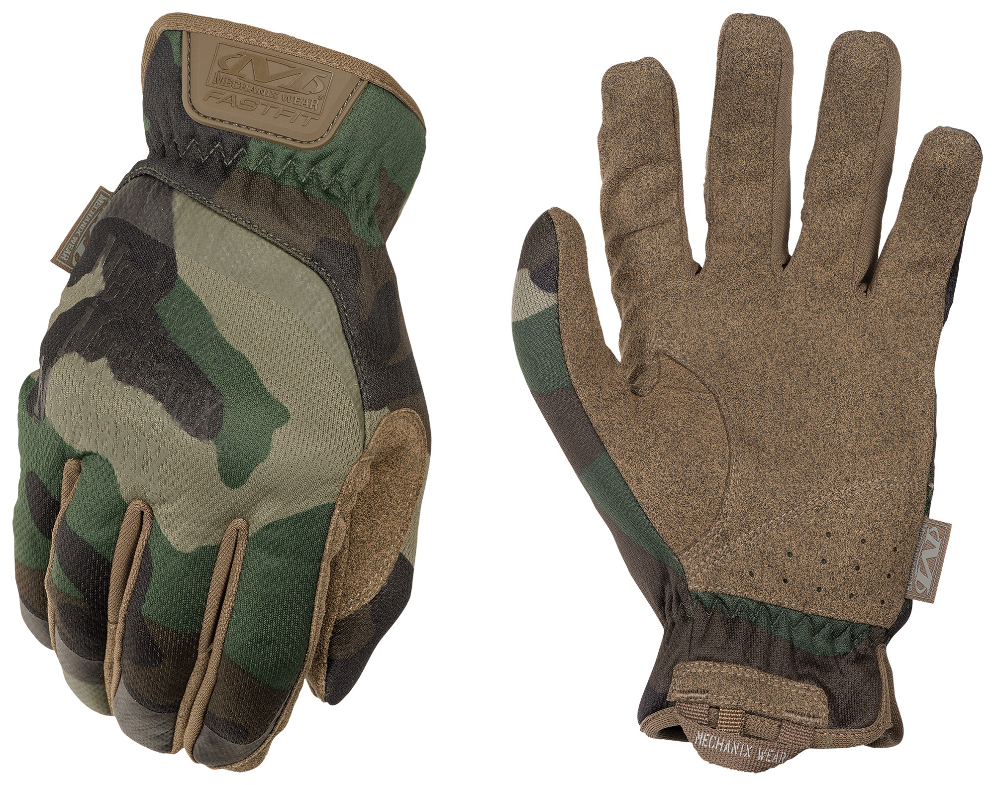 Tarnfarbene Mechanix FastFit Handschuhe für Airsoft mit verstärkter Handfläche und flexiblem Design.