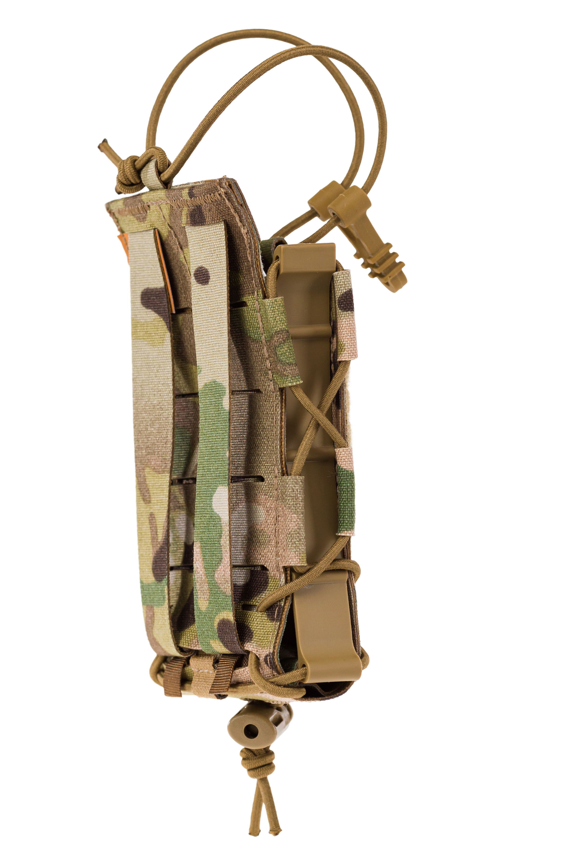 Multicam-Magazintasche mit elastischer Kordel, seitlicher Ansicht, für Airsoft-Zubehör.
