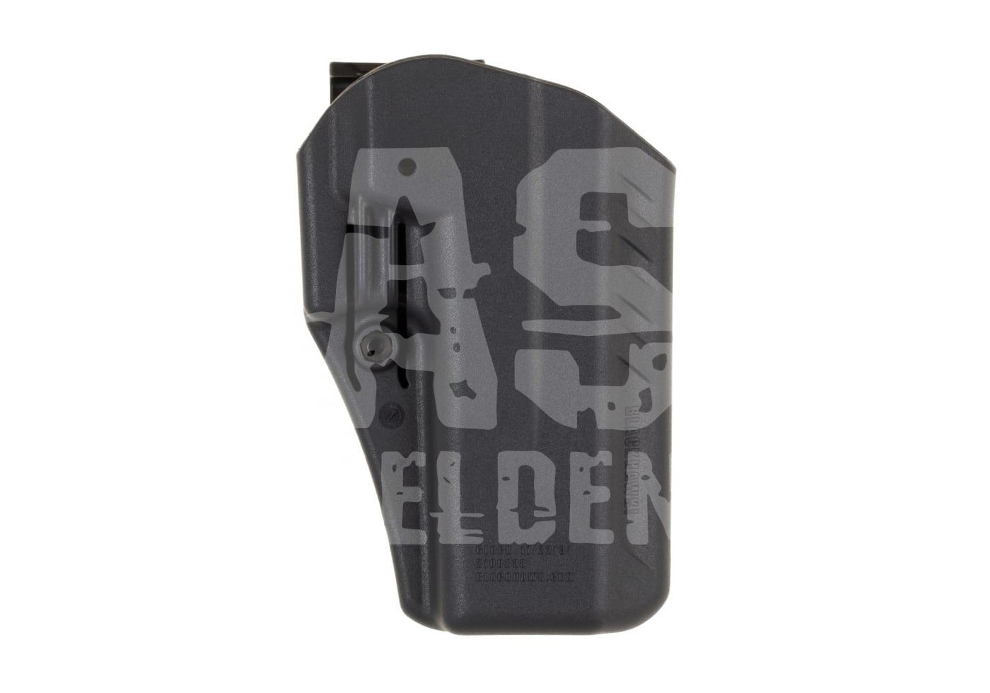 Schwarzes Polymer-Holster für Airsoft-Pistolen, robust und sicher.