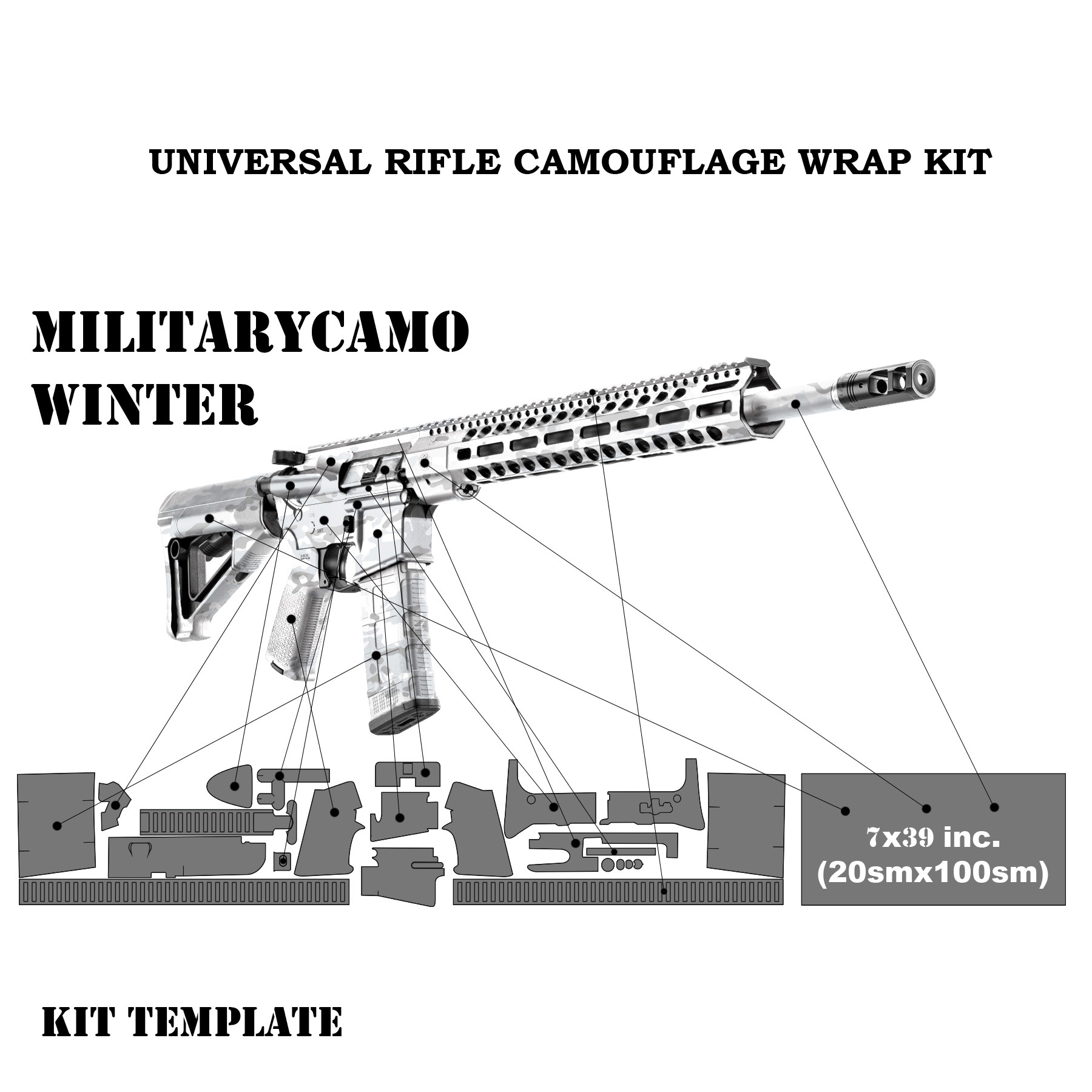 Militärisches Winter-Tarn-Kit für Gewehre mit Schablonenabbildung. Universal Rifle Camouflage Wrap Kit.