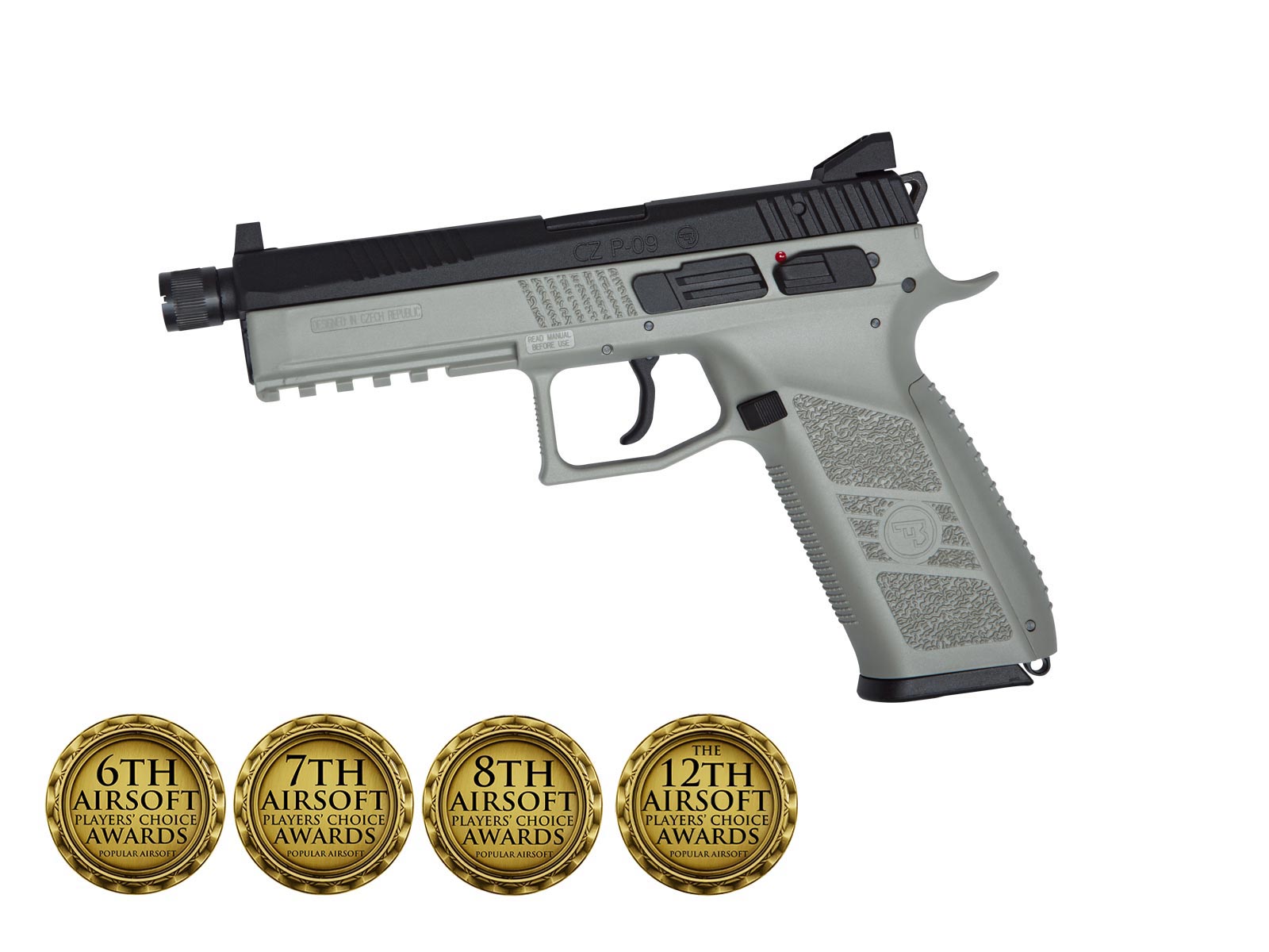 ASG CZ P-09 urban grey GBB CO² - ab 18 Jahren CZ P-09 Airsoft-Pistole, schwarz-grau, mit Airsoft Players' Choice Awards Medaillen.