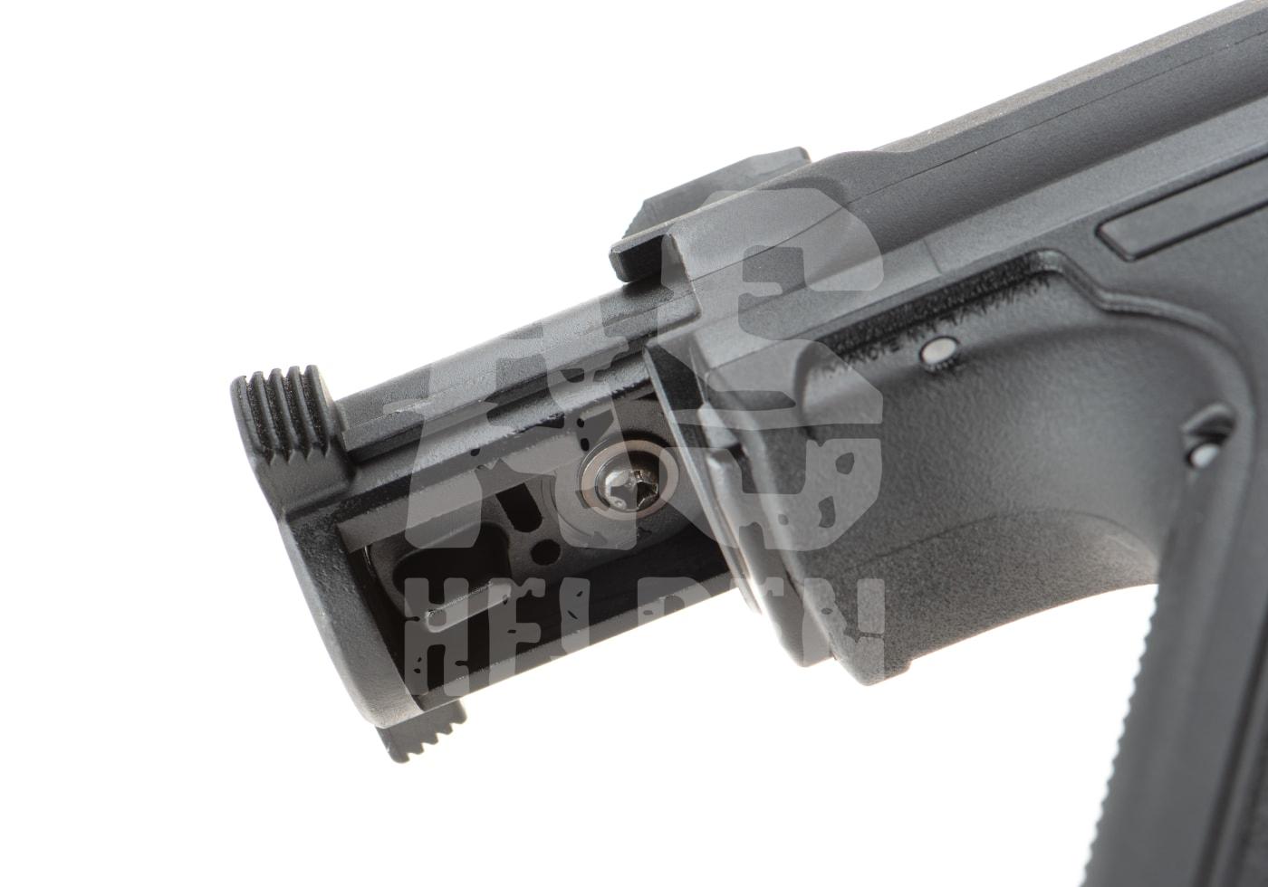 Nahaufnahme eines Airsoft-Waffenschachts mit Schraube und Befestigungspunkt, seitliche Ansicht.