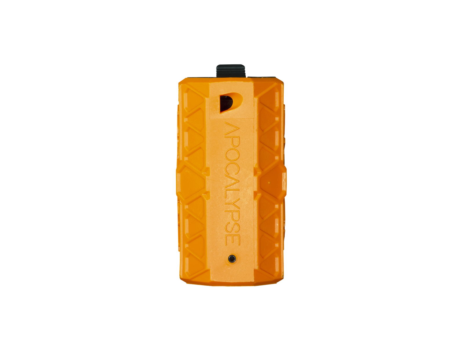 Orange Airsoft-Granate mit Schriftzug "APOCALYPSE" und strukturiertem Gehäuse.