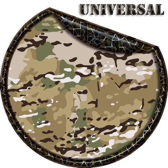 Runder Aufnäher mit universellem Tarnmuster, grün-beige Farbgebung.