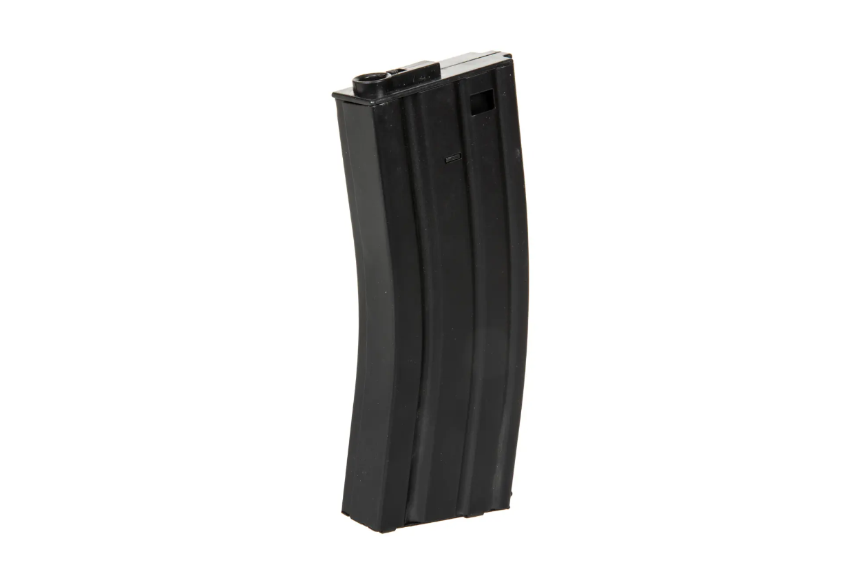 Schwarzes Airsoft-Magazin für M4/AR15, aus Metall, mit klassisch gebogener Form.