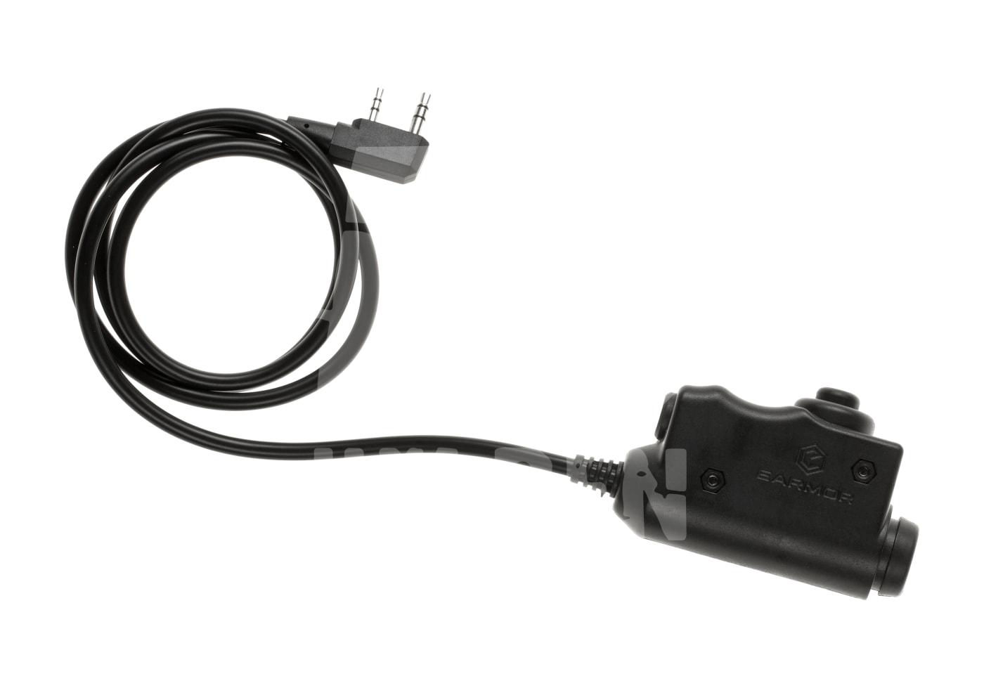 Airsoft PTT-Kabel mit 2-Pin-Stecker und schwarzem Gehäuse für Funkgeräte.