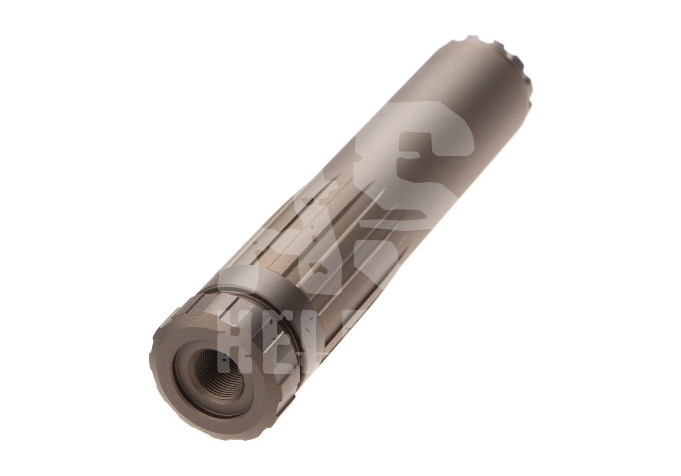 Luftdruckdämpfer aus Metall, seitliche Ansicht, ideal für Airsoft-Waffen zur Geräuschreduzierung.