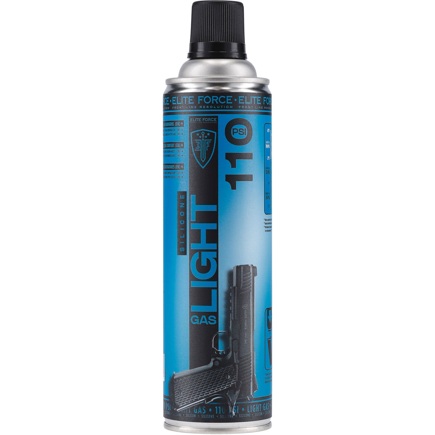 Elite Force Light Gas Maintenance 450ml Silicone Light Gas 110 PSI Dose für Airsoftwaffen, Elite Force Design, in blau-schwarzer Verpackung.