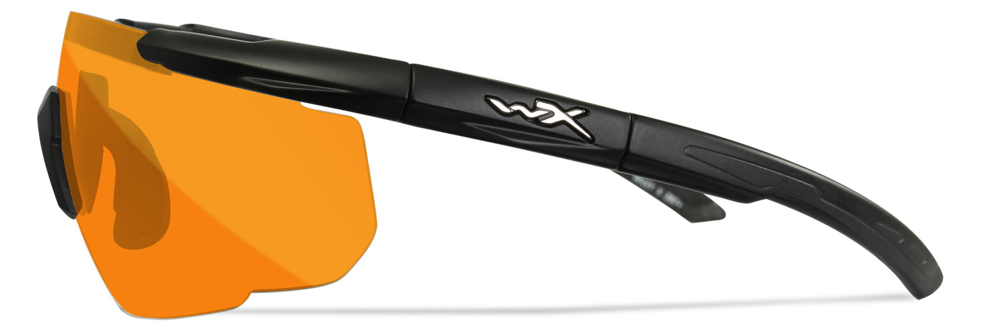 Schwarze Sportbrille mit orangefarbenen Gläsern und „wX“-Logo an den Bügeln.