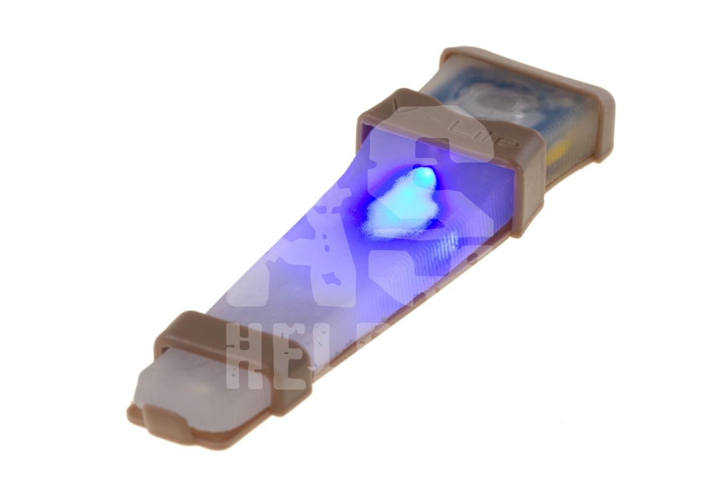 Blau leuchtendes Signallicht mit brauner Halterung für Airsoft-Markierung.