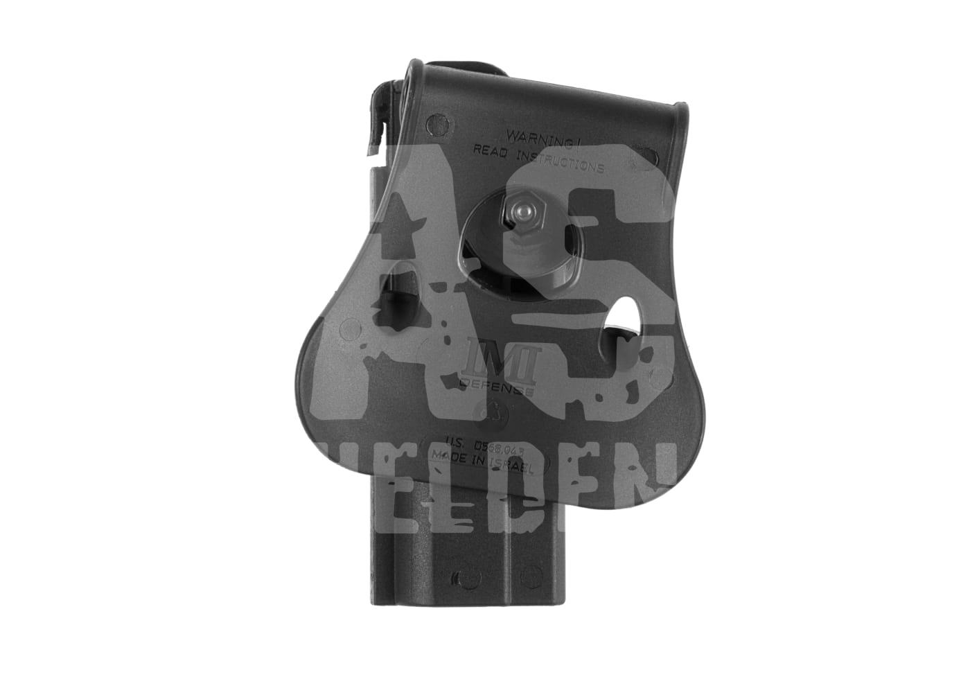 Schwarzes IMI Defense Holster mit Gürtelbefestigung, ideal für Airsoft-Waffen.