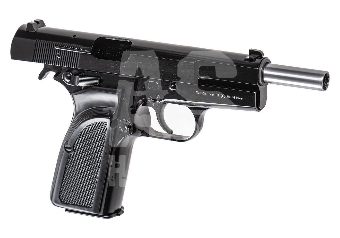 Schwarze Airsoft-Pistole, Modell WE Hi-Power, Kaliber 6 mm BB, Halb-Seitenansicht rechts.