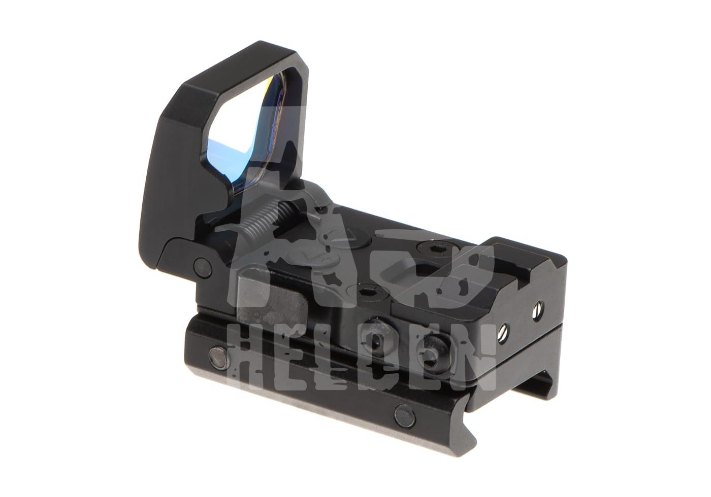 Flip Dot Reflex Sight Schwarzes Airsoft-Reflexvisier mit Montageschiene für präzises Zielen.