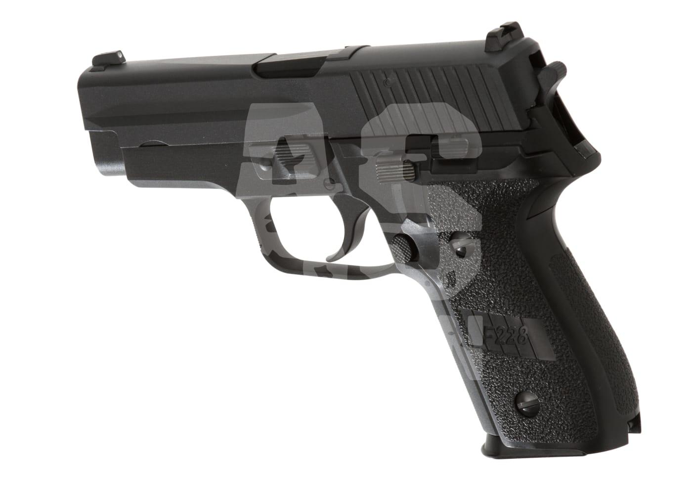 Schwarze Airsoft-Pistole, Modell P228, linke Seitenansicht, mit strukturiertem Griff und detailliertem Schlitten.