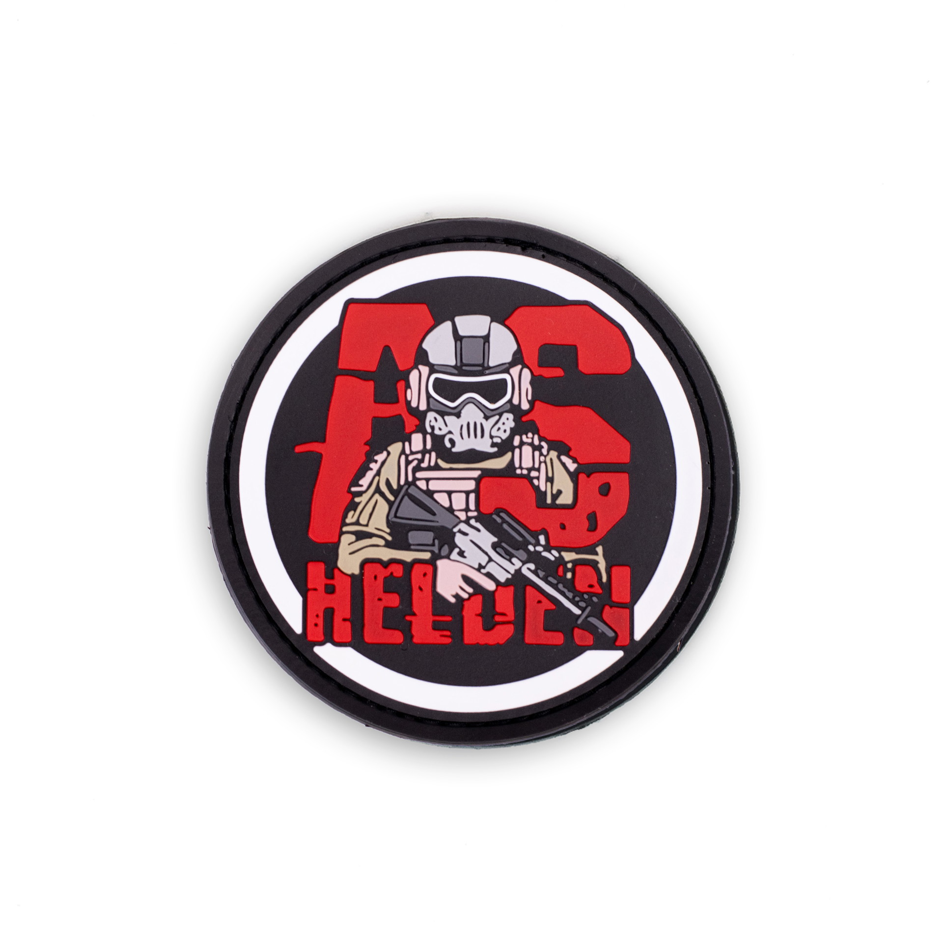 Rundes Airsoft-Patch mit Soldatenmotiv, rotem "AS Helden" Schriftzug auf schwarzem Hintergrund.