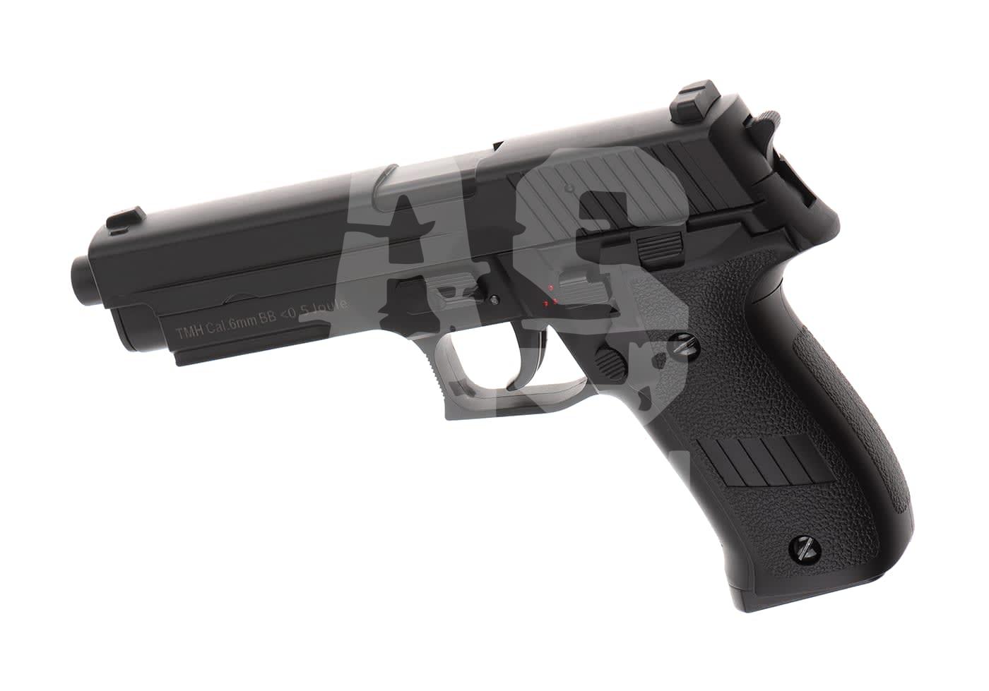 Schwarze Airsoft-Pistole in Seitenansicht, Kaliber 6mm BB, mit strukturiertem Griff und Schlitten.
