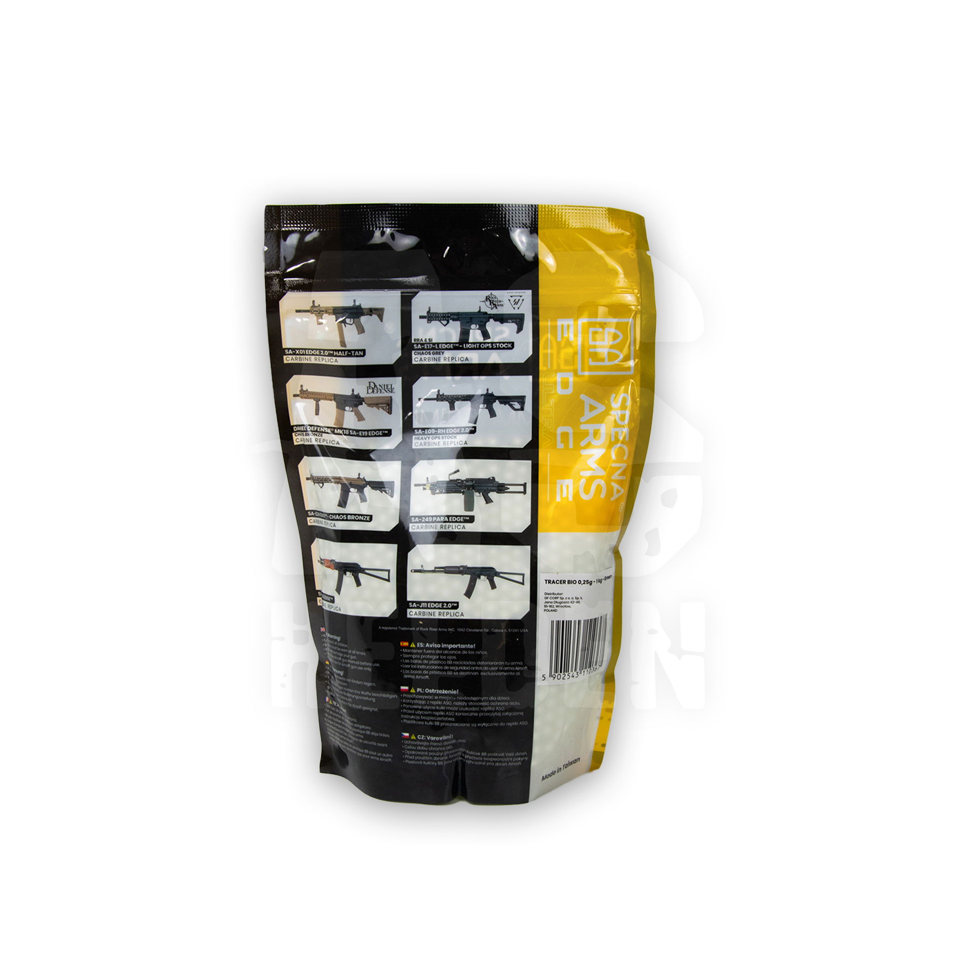 Verpackung von Specna Arms EDGE Airsoft-Kugeln, Rückseite mit Gewehrbildern und Produktinformationen.