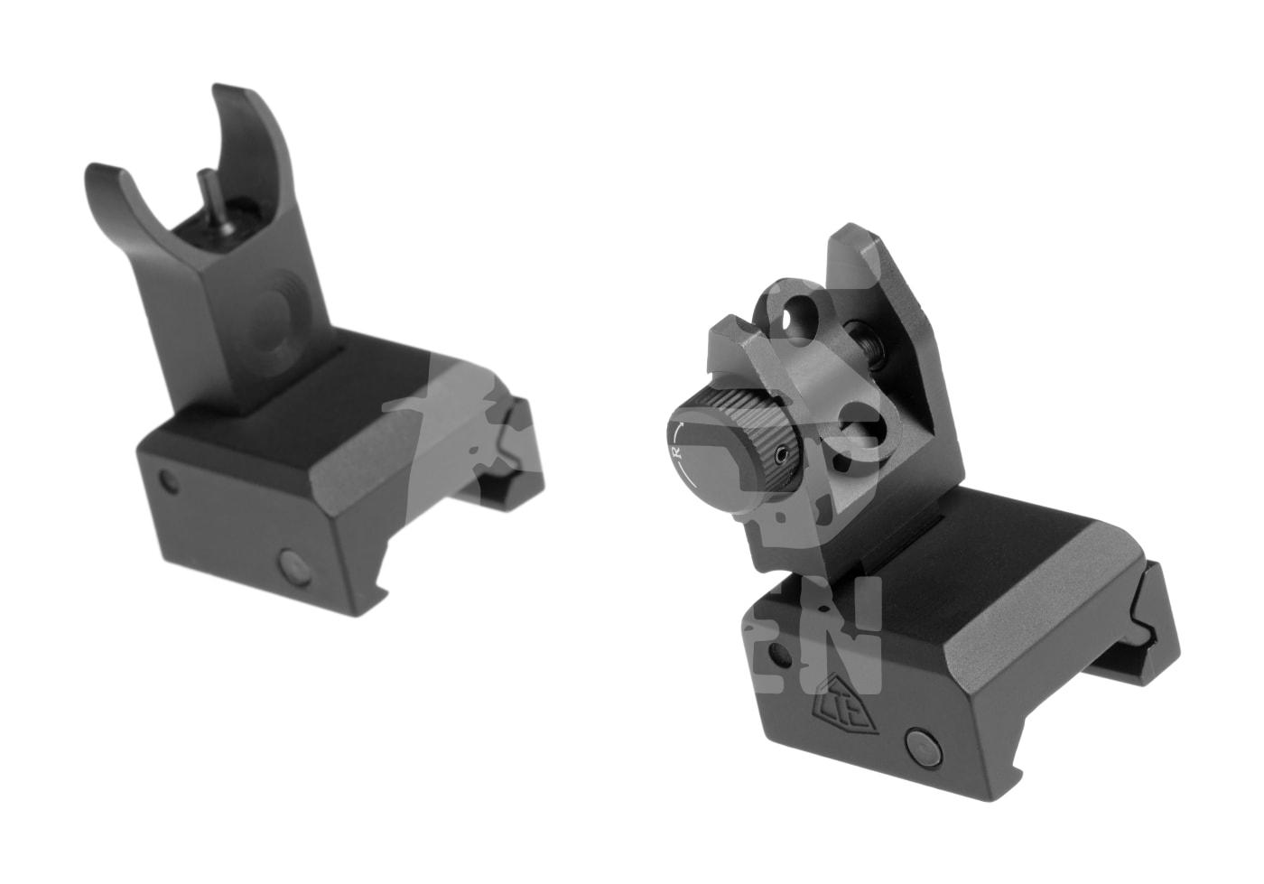 Klappbare Airsoft-Visiere, Front- und Rückseite, schwarz, robustes Design.