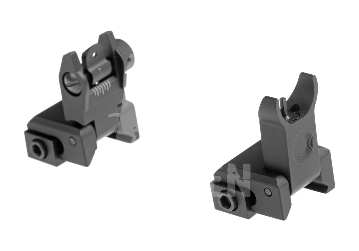 Klappvisier-Set für Airsoft, Vorder- und Hinteransicht, schwarz.