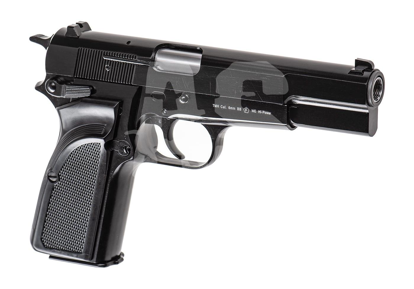 Schwarze Airsoft-Pistole, Modell Hi-Power, Kaliber 6mm BB, mit ergonomischem Griff und metallischen Akzenten.