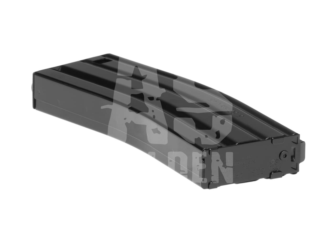 Schwarzes Airsoft-Magazin, seitliche Ansicht, mit AS Helden Logo überlagert.