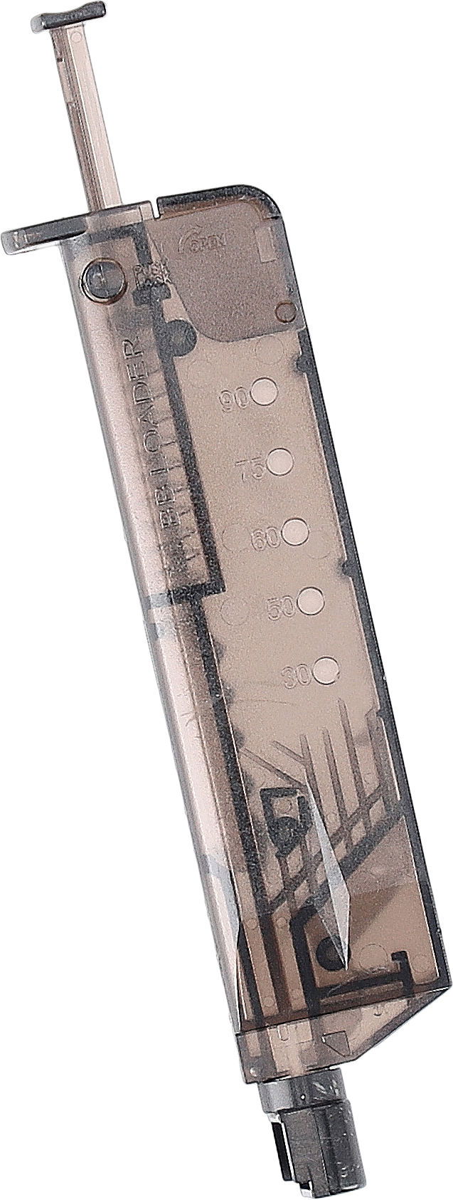 Transparenter Airsoft-Speedloader mit Kapazitätsmarker von 30 bis 90 BBs für schnelles Nachladen.