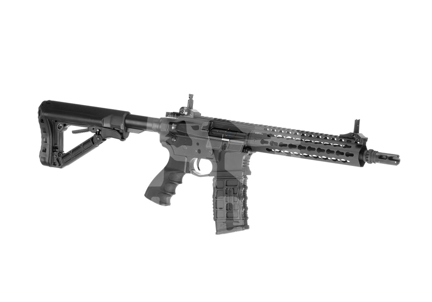 Airsoftgewehr mit M4-Design, taktische Schaft und M-LOK-Handschutz, rechts ausgerichtet.