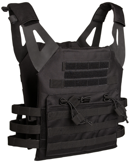 Schwarze Airsoft-Weste mit Klett und Molle-System, verstellbare Schulterriemen.