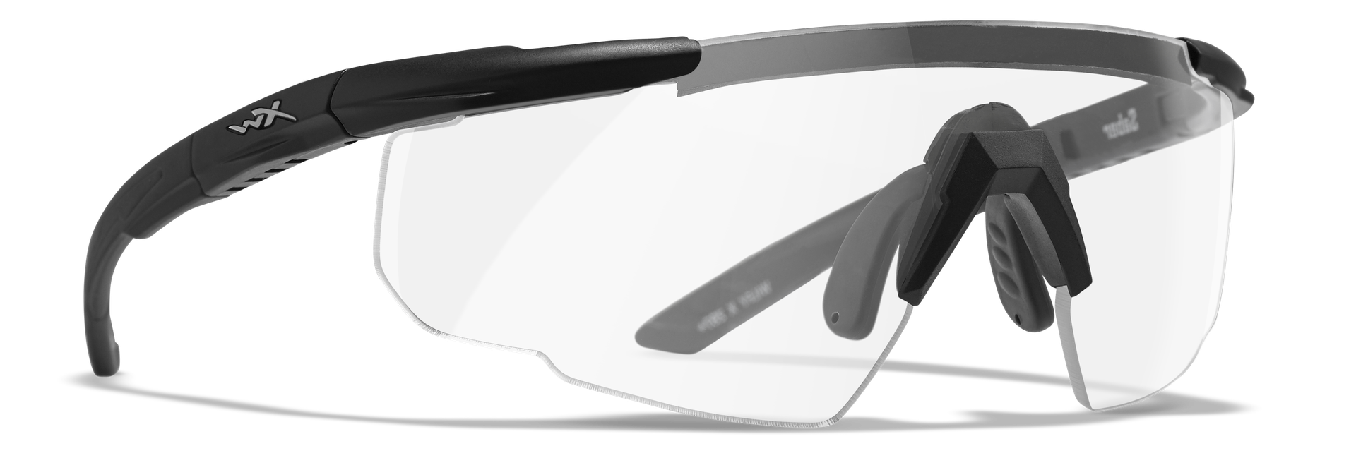 Sportliche Schutzbrille mit schwarzem Rahmen und klaren Gläsern.