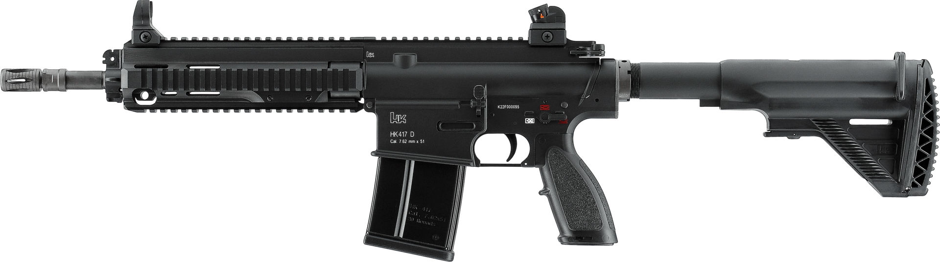 Airsoft HK417 D Gewehr, schwarzes Design, mit taktischer Schiene und einstellbarem Schaft.