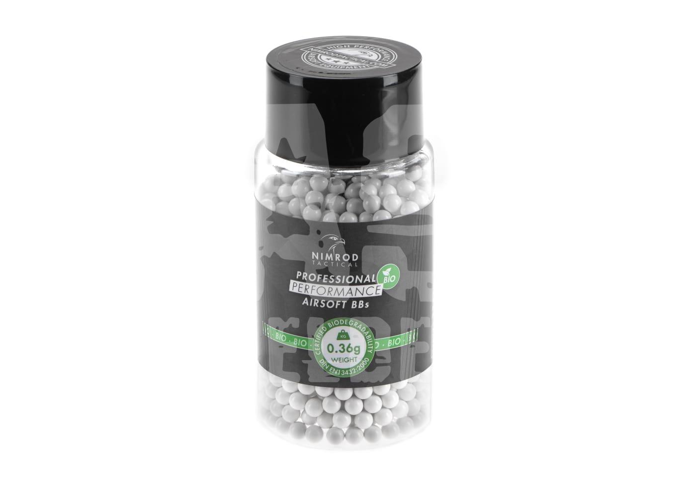 Nimrod 0.36g Bio BB Professional Performance 1000rds Biologisch abbaubare Airsoft-BBs 0,36g in Tarnflaschenverpackung.