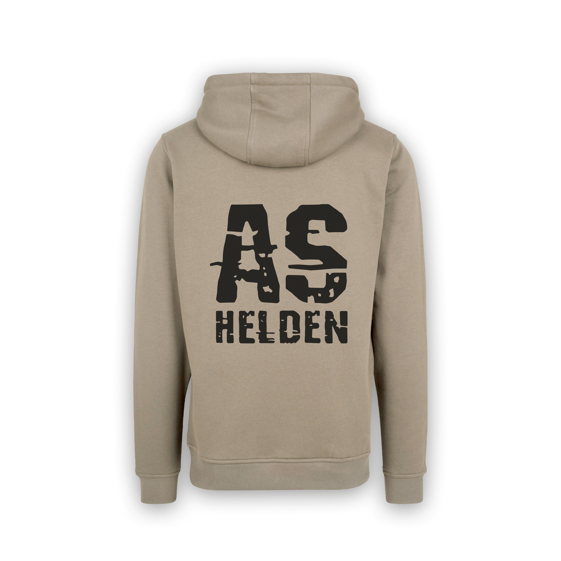 Beiger Hoodie mit großem schwarzen "AS HELDEN" Print auf dem Rücken.