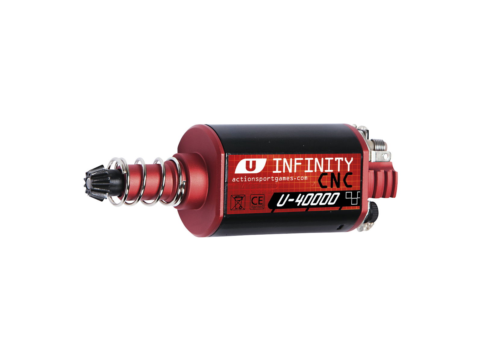 Airsoft-Motor Infinity CNC U-40000, rot-schwarz, seitliche Ansicht, mit Feder für Airsoft-Waffen.