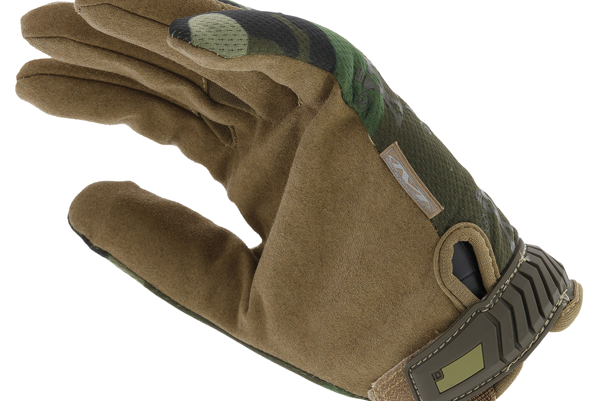Taktischer Handschuh in Braun und Tarnfarbe, ergonomisch geformt, für optimalen Schutz und Halt beim Airsoft.