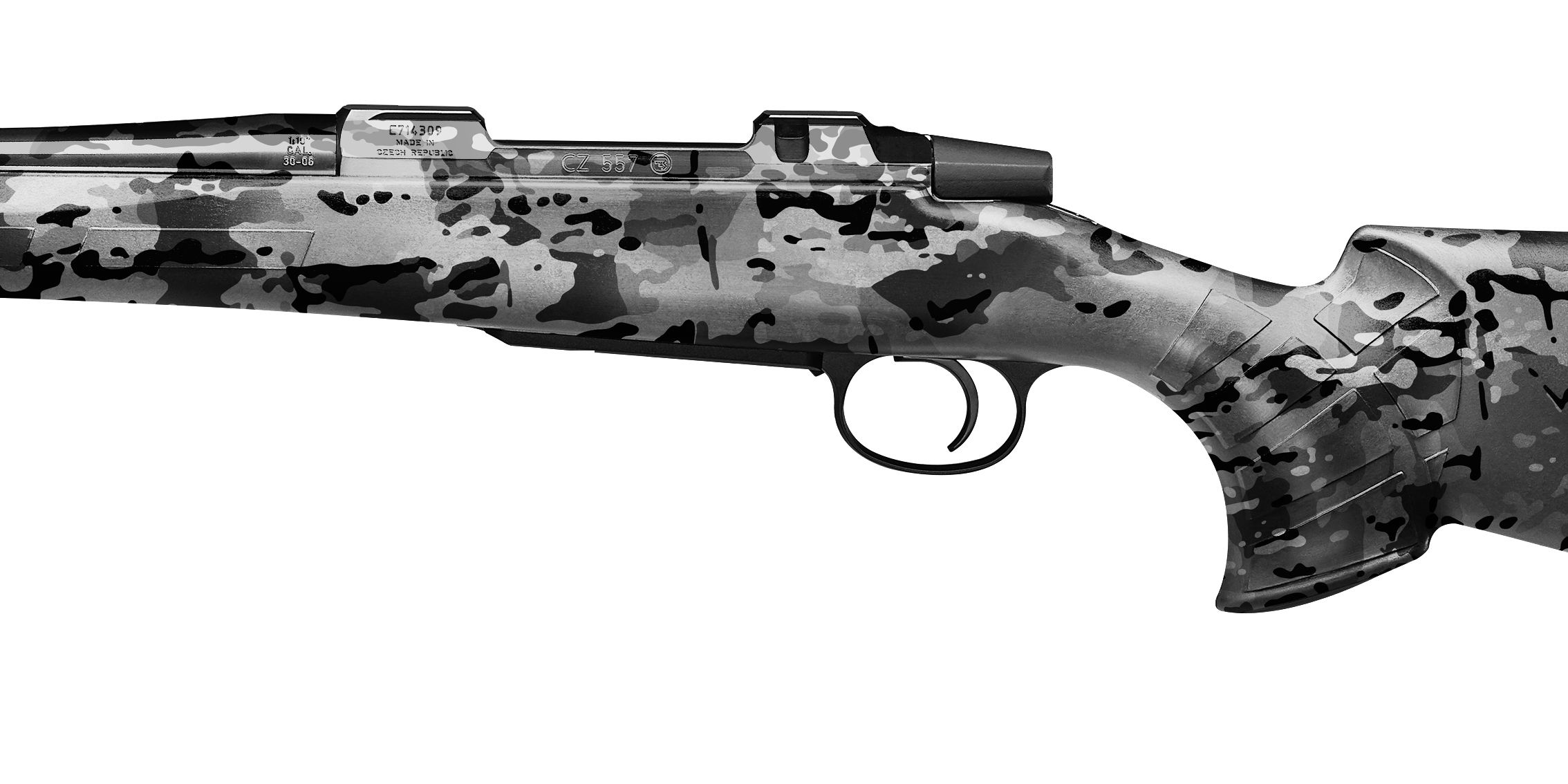 Graue Camouflage-Luftgewehr mit detailliertem Schaft und Abzug, geeignet für Airsoft-Spiele.