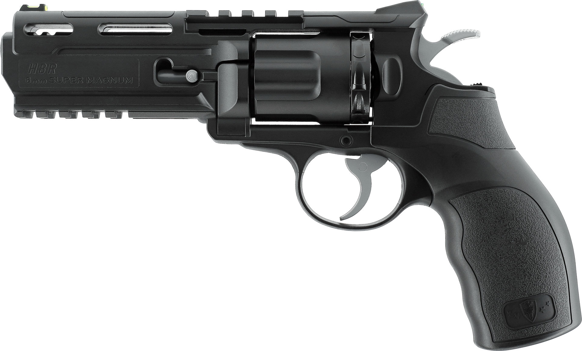 Schwarzer Airsoft-Revolver H8R, 6mm, modernes Design, Ladezylinder, ergonomischer Griff.