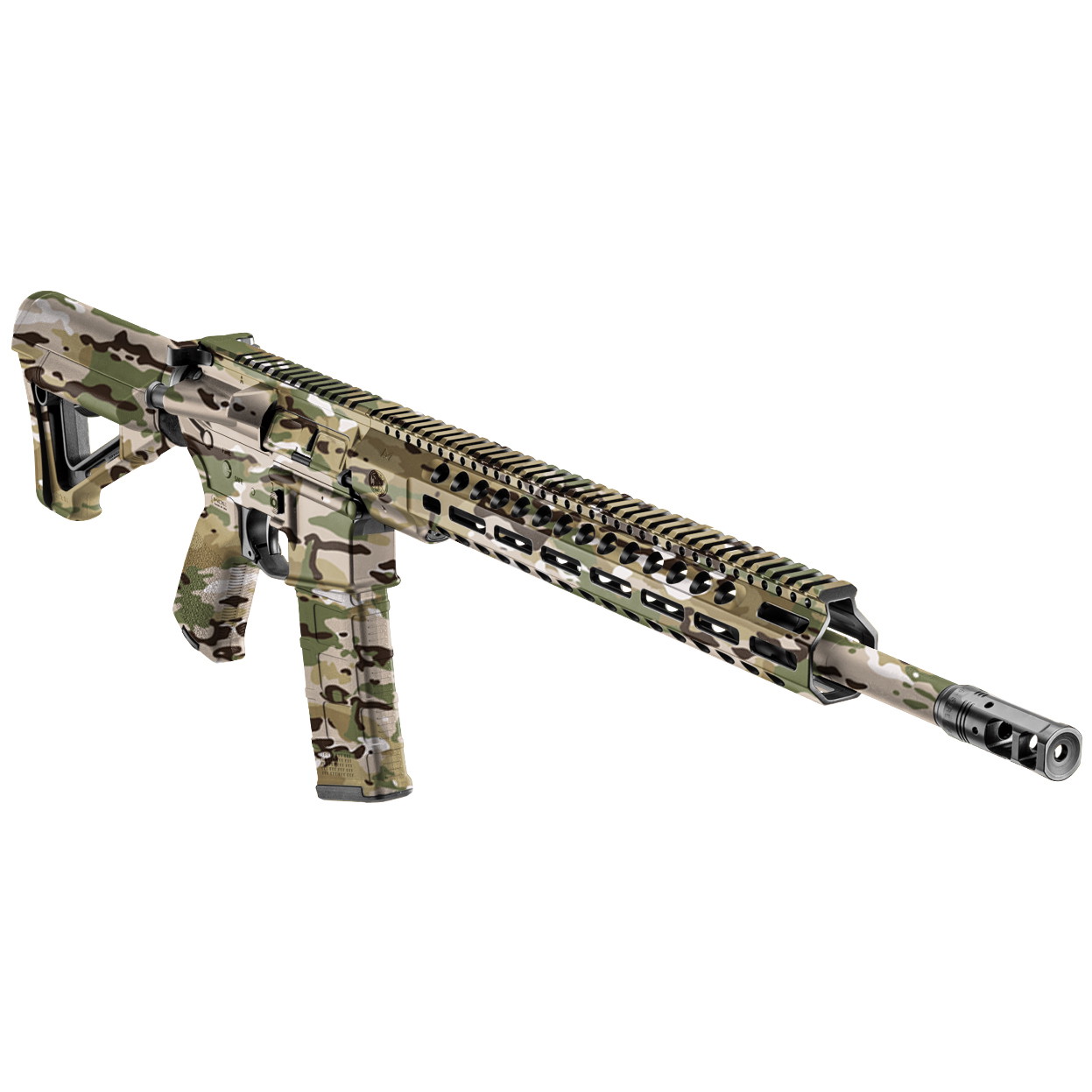 Airsoft-Gewehr in Tarnfarben, taktisches Design mit langem Vorderschaft und Mündungsbremse.