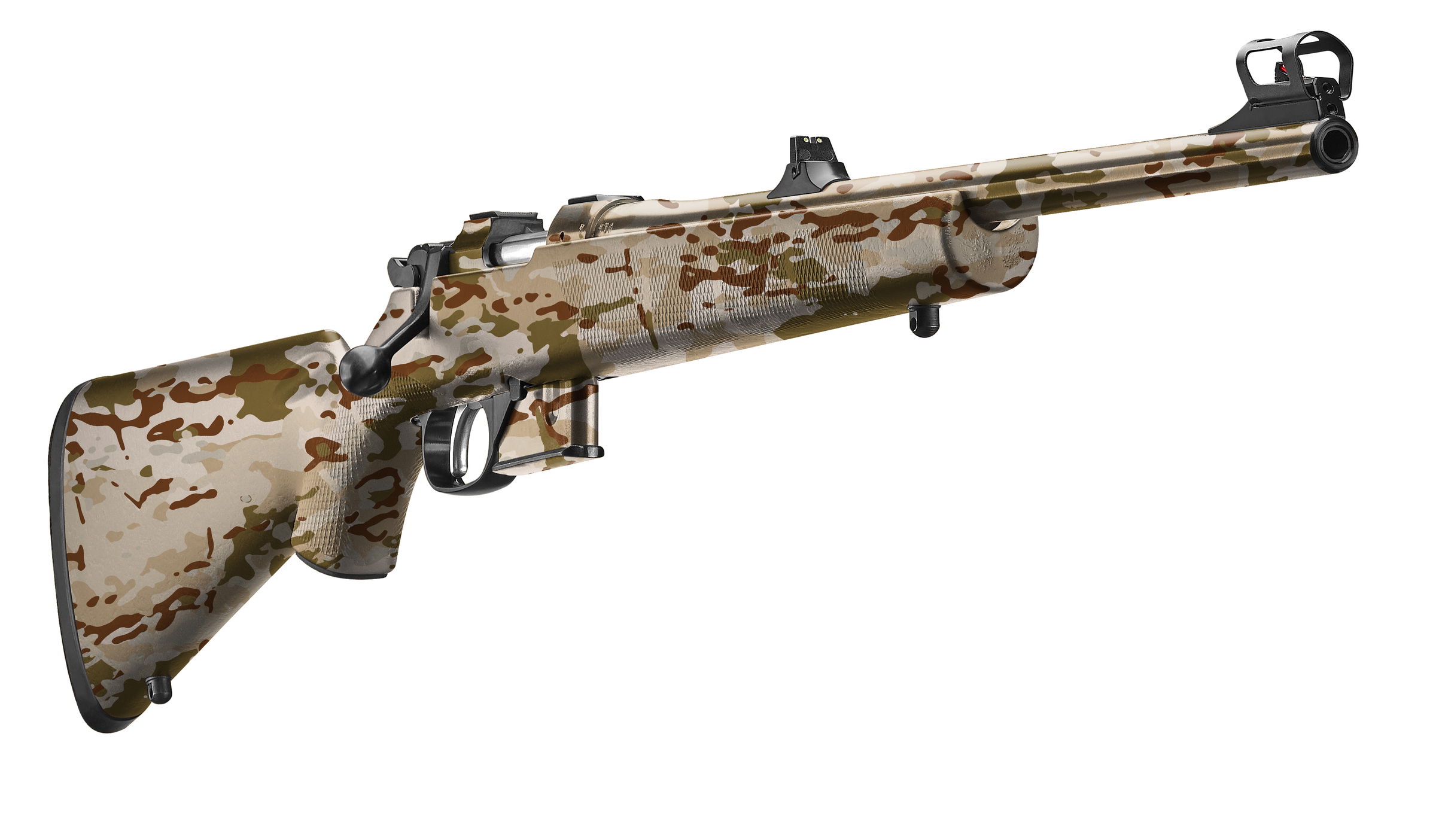 Airsoft-Scharfschützengewehr mit Tarnmuster, Schulterstütze und offenem Visier.