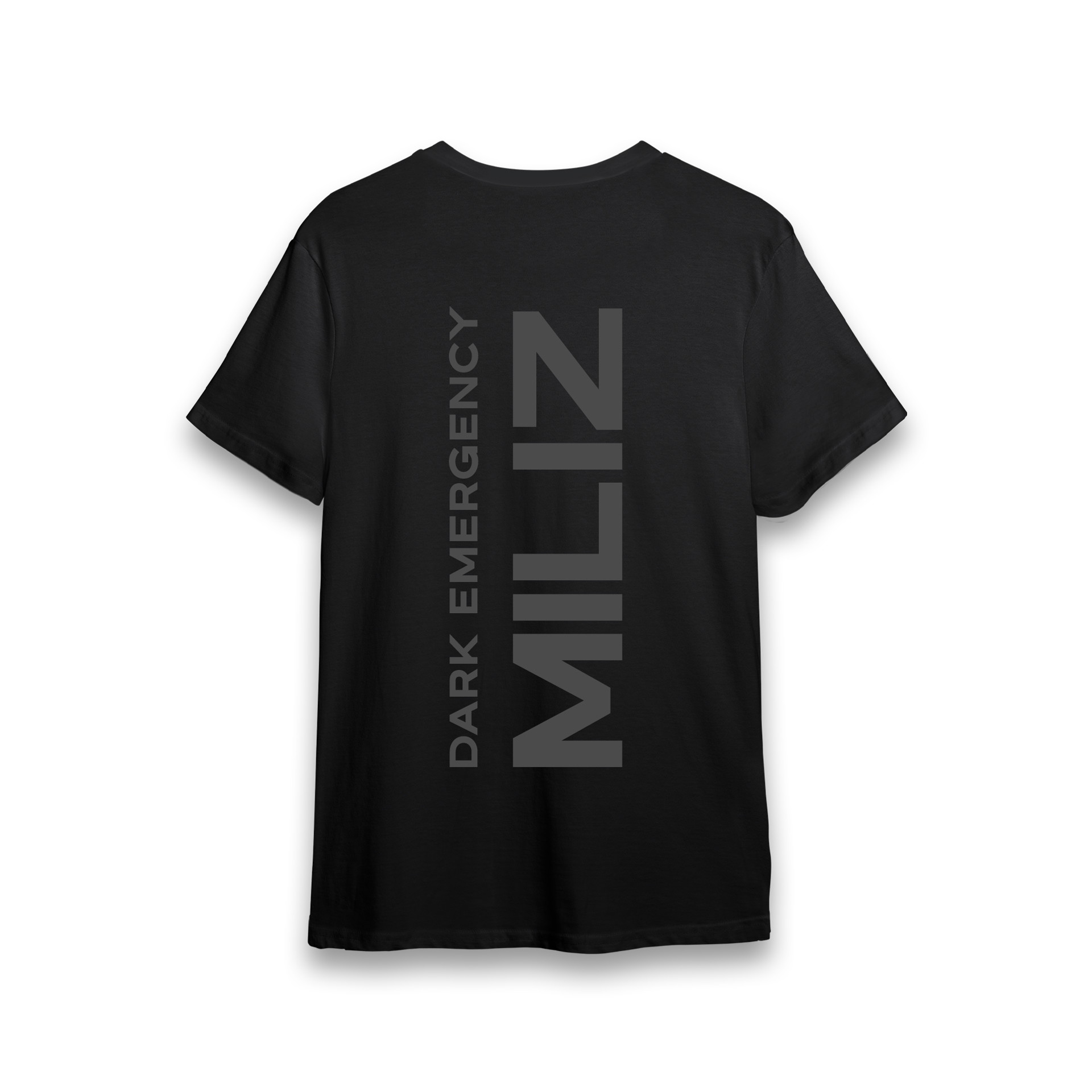 Schwarzes T-Shirt mit grauem "DARK EMERGENCY MILIZ" Druck auf der Rückseite.