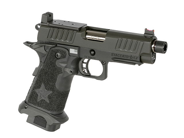 Airsoft-Pistole Staccato C2, oliv, mit strukturiertem Griff und Gewindelauf.