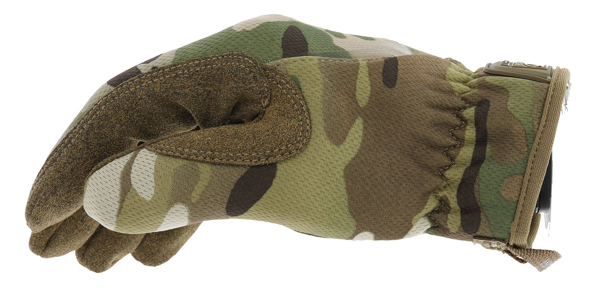 Tarnhandschuh in Grün- und Brauntönen, seitlich betrachtet, für Airsoft.