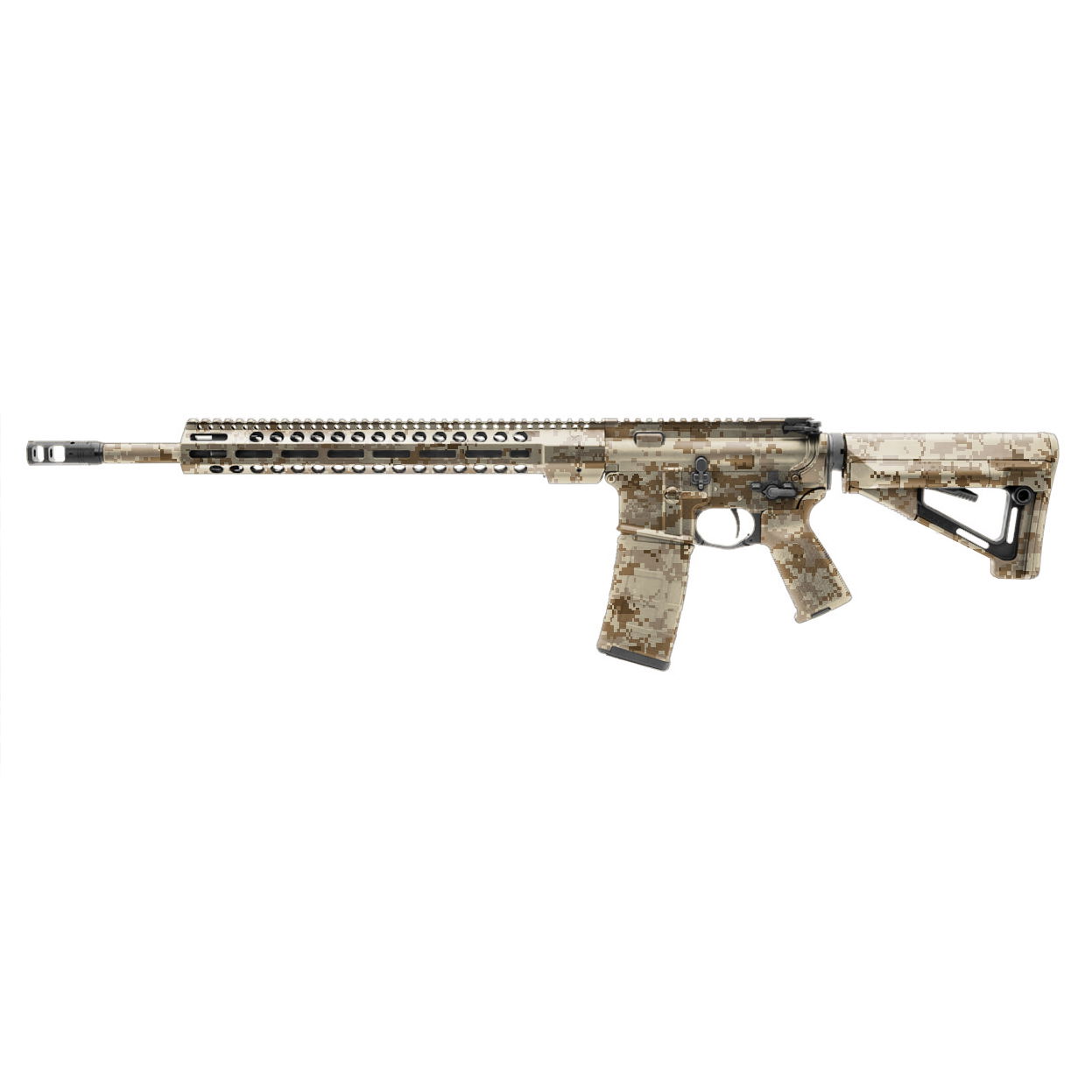 Airsoftgewehr mit Wüsten-Camouflage, langem Handguard und verstellbarem Schaft.