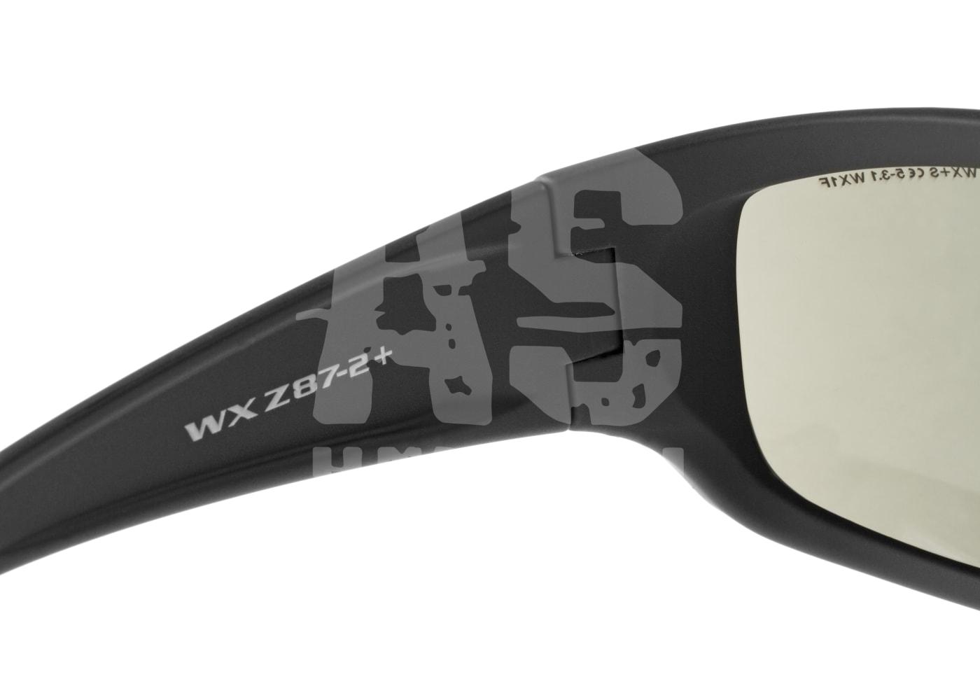 Schwarze Schutzbrille, seitlich, mit Aufschrift "WX Z87-2+". Ideal für Airsoft-Sicherheit.